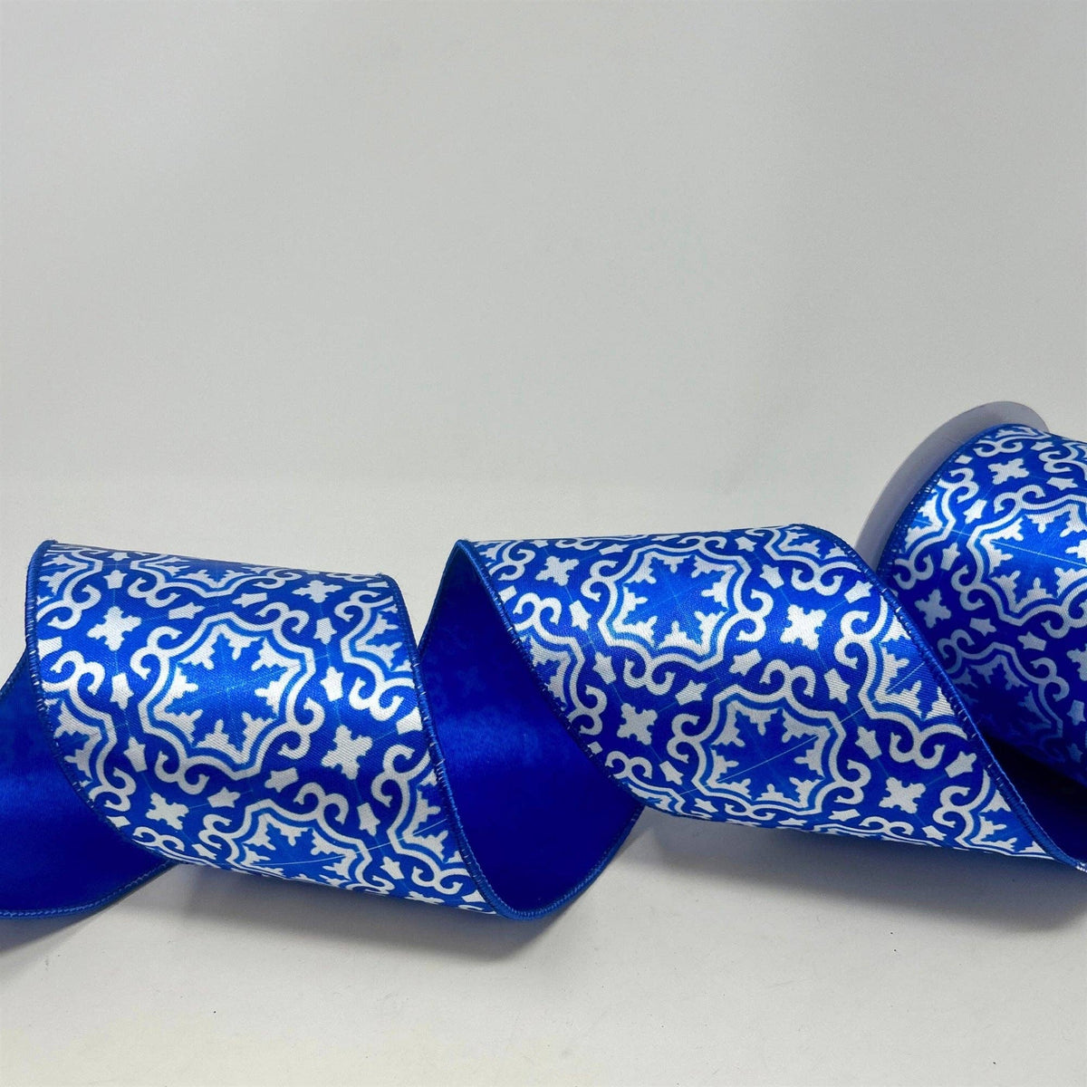 Blue and White Tile Print on Satin Ribbon 4” x 10yd