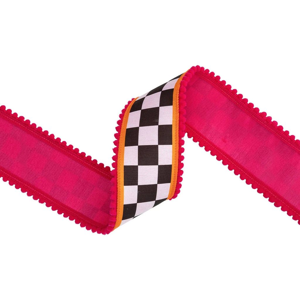 2 1/2" Wired Dupioni Ribbon | Large Black/White Check with Orange and Pink Pom Pom Edging w/ Pink Backing | 10 Yard Roll