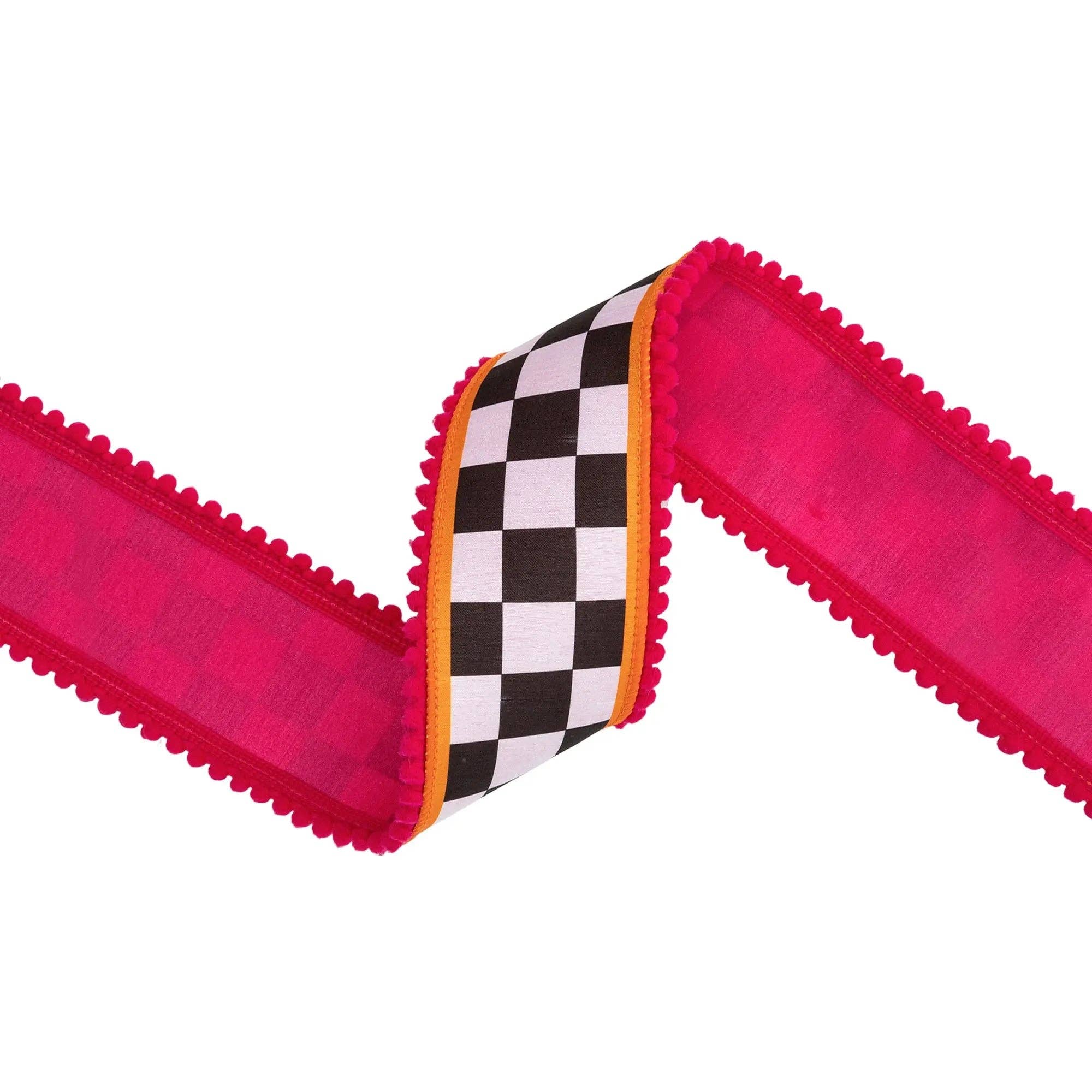 2 1/2" Wired Dupioni Ribbon | Large Black/White Check with Orange and Pink Pom Pom Edging w/ Pink Backing | 10 Yard Roll