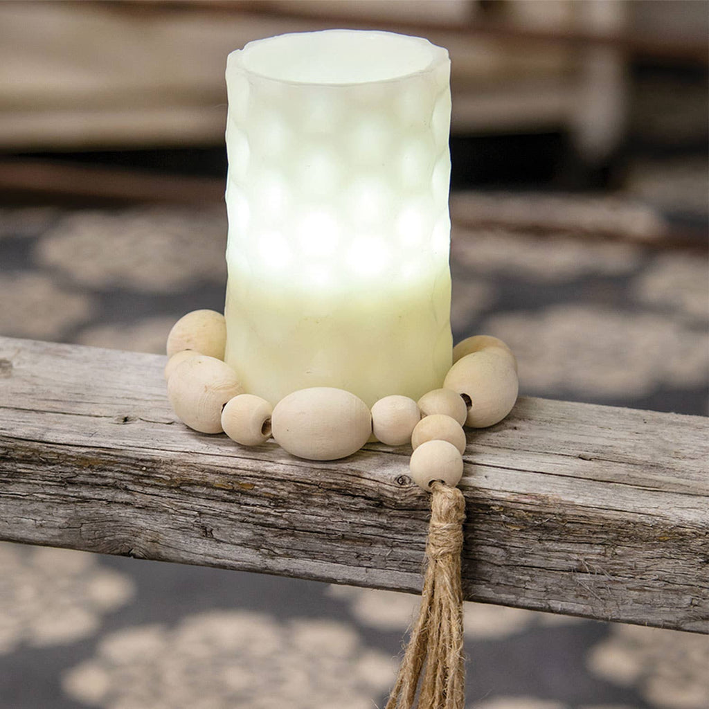 Natural Wood Oval Bead Candle Ring w/Jute Tassle