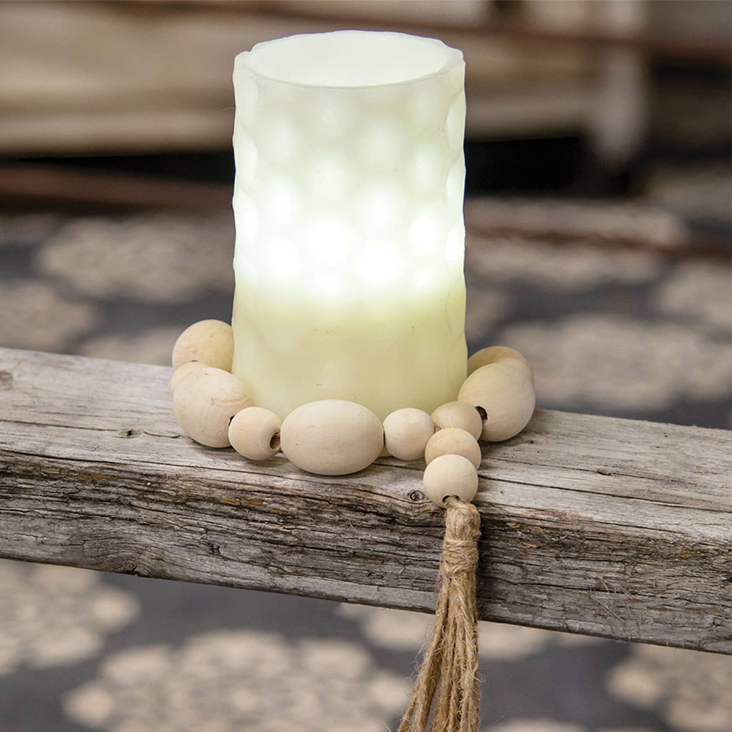 Natural Wood Oval Bead Candle Ring w/Jute Tassle