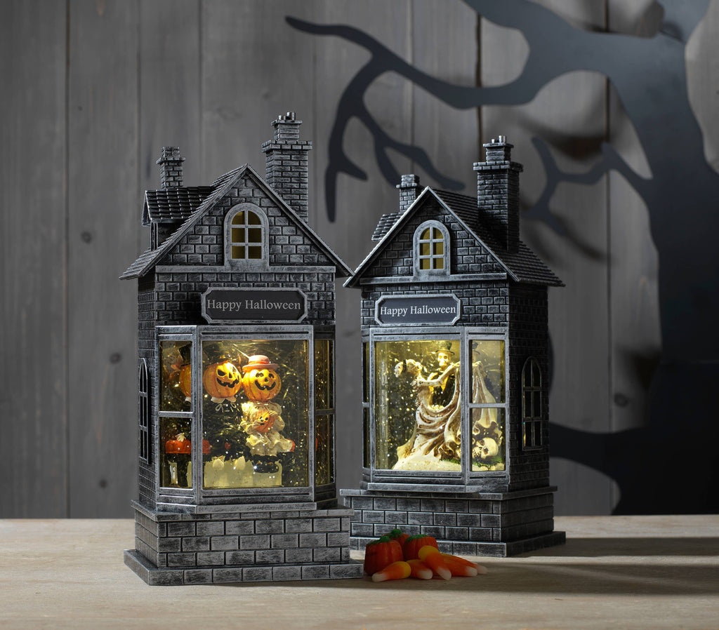 10.5 Inch Lighted Haunted Houses Spinning Halloween Water Globes, set of 2
