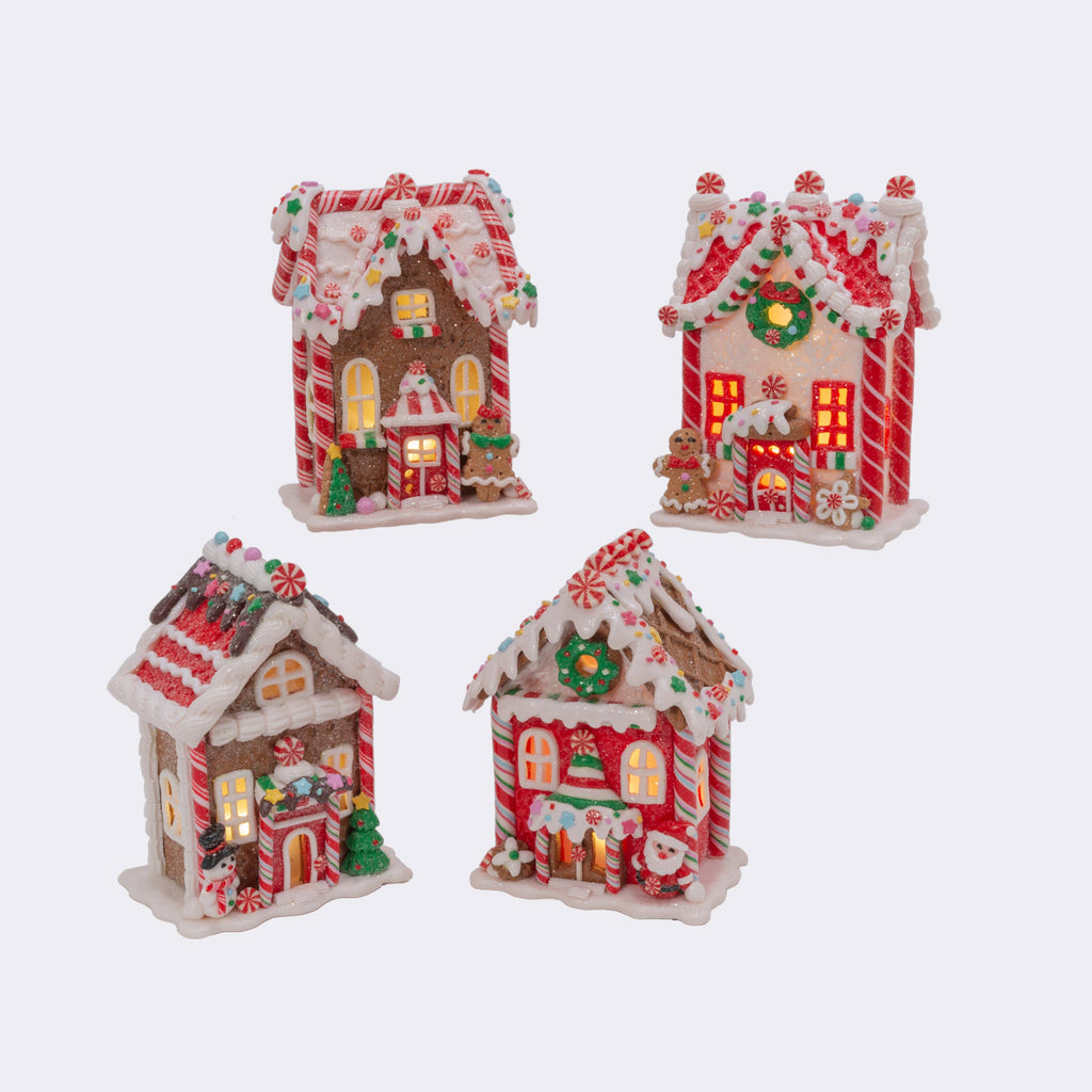 Christmas Lighted Clay Dough Gingerbread Houses Set of 4, 5.5"H