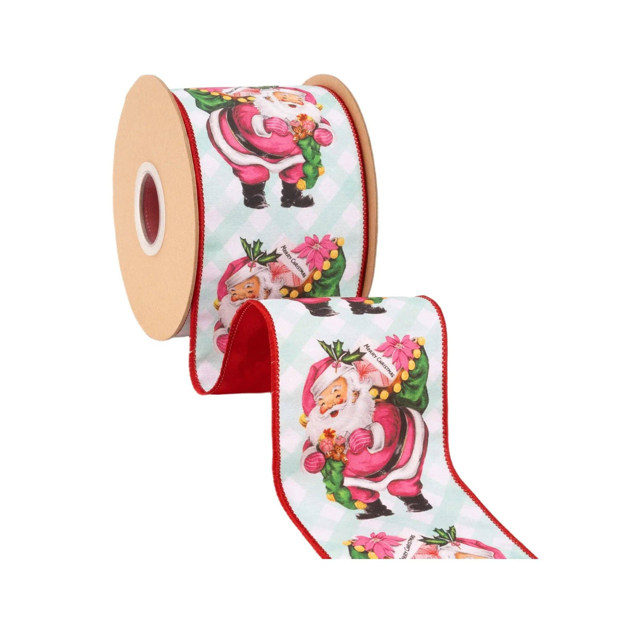 4" Wired Dupioni Ribbon | Retro Pink Santa w/ Sack on Green Check w/ Red Backing | 10 Yard Roll