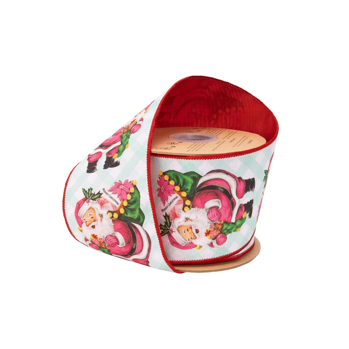 4" Wired Dupioni Ribbon | Retro Pink Santa w/ Sack on Green Check w/ Red Backing | 10 Yard Roll