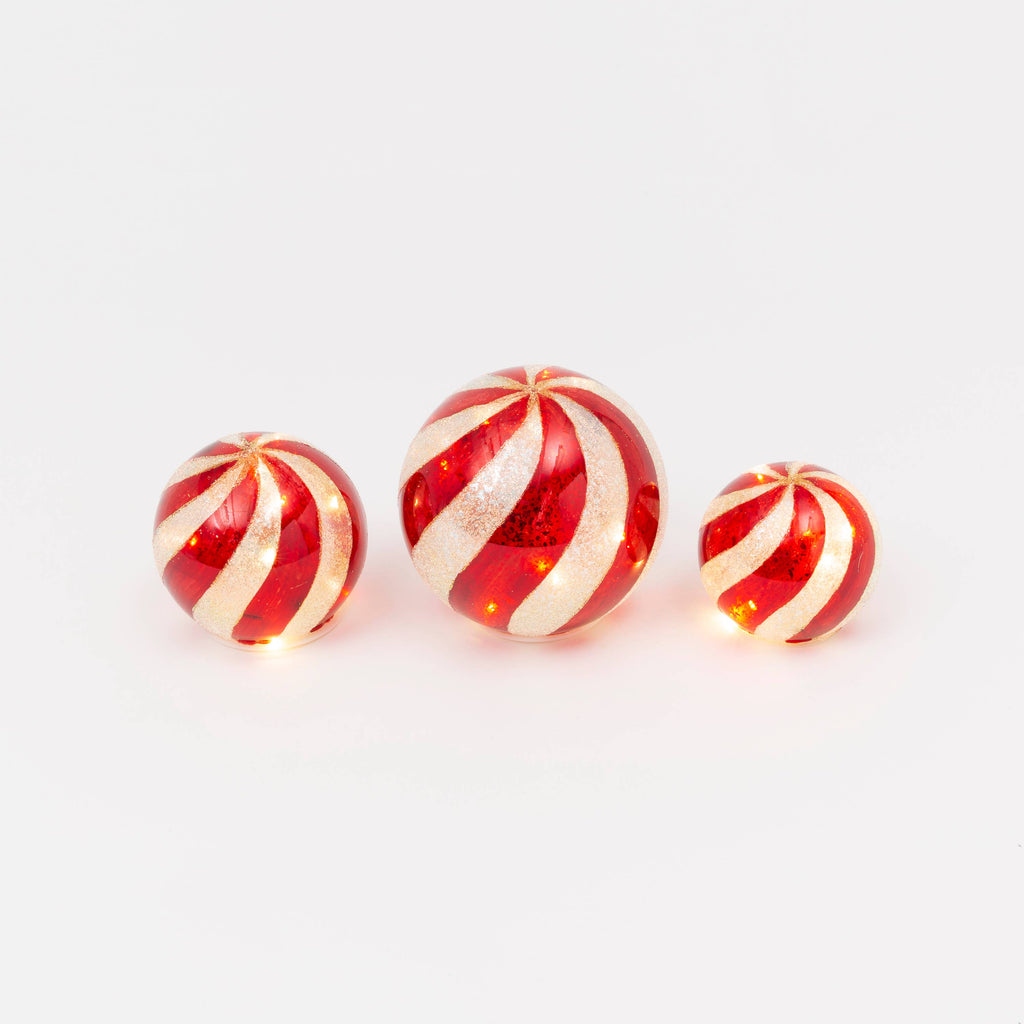 Christmas S/3 Battery-Operated Lighted Mercury Glass Candy Stripe Spheres w/ Timer