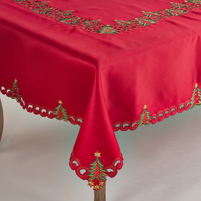 Red Embroidered Tree 67"X160" Tablecloth with 16 Napkins