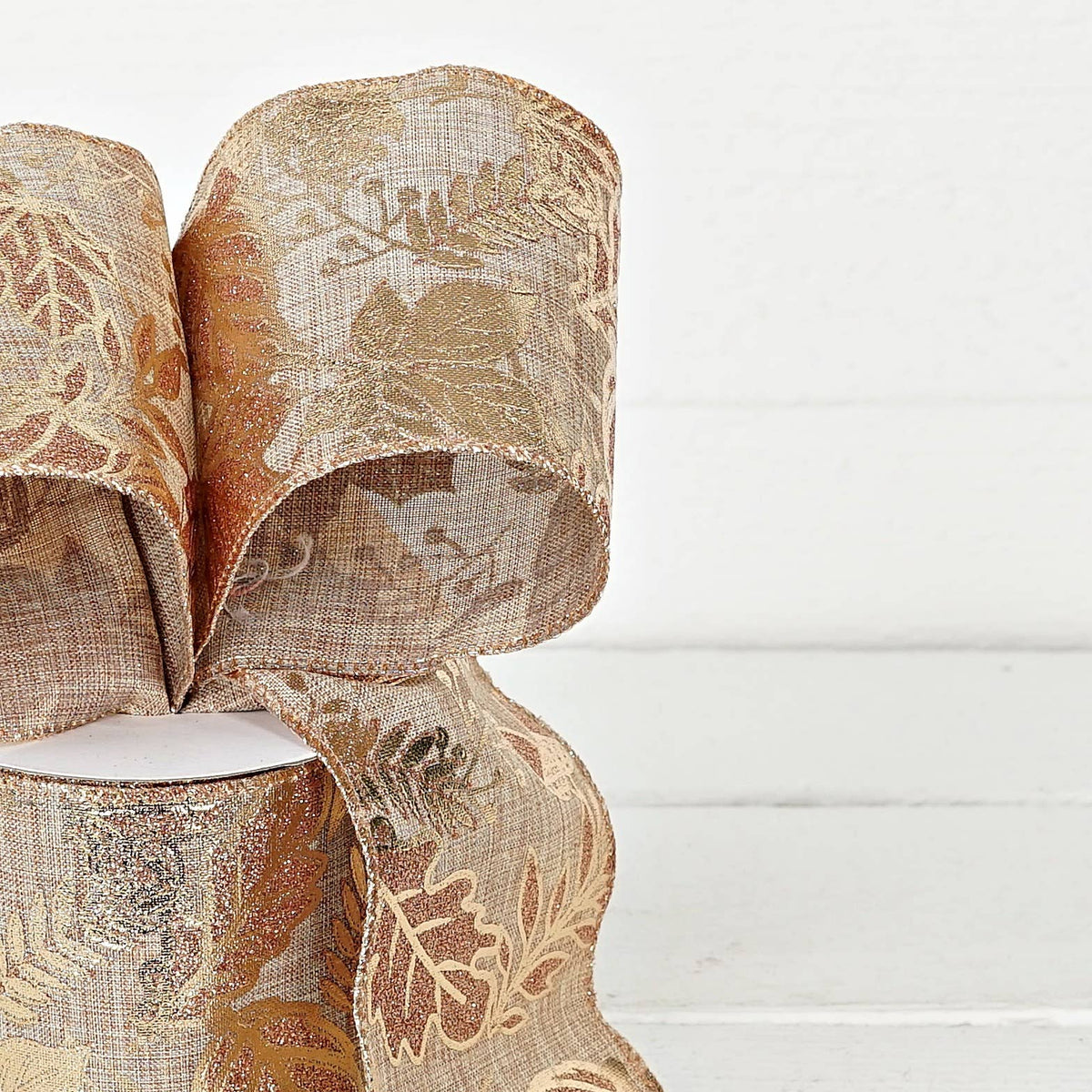 Wired Ribbon-Burlap-Metallic golden leaves (4inW)