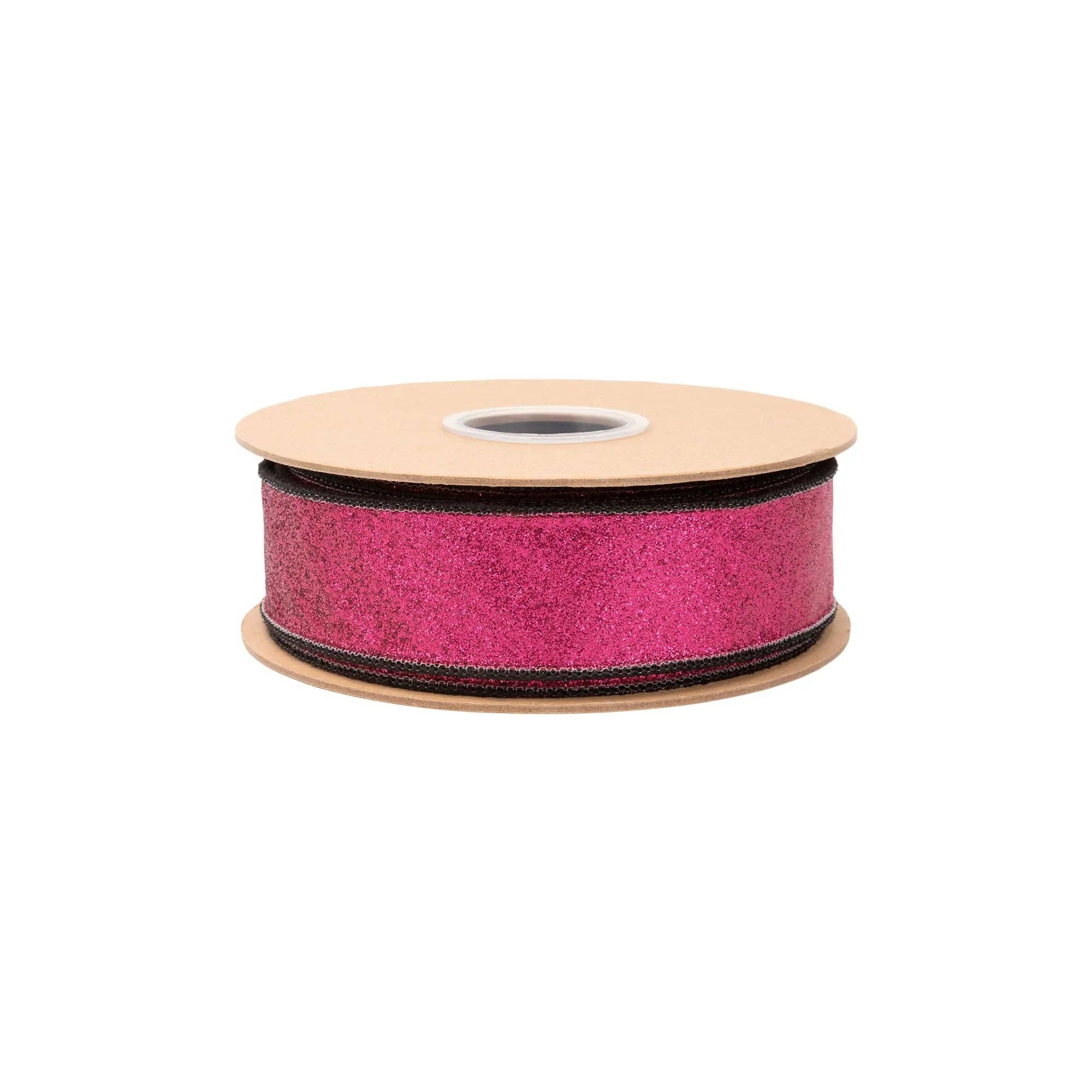 1 1/2" Wired Velvet Ribbon | Black w/ Hot Pink Glitter Backing | 10 Yard Roll