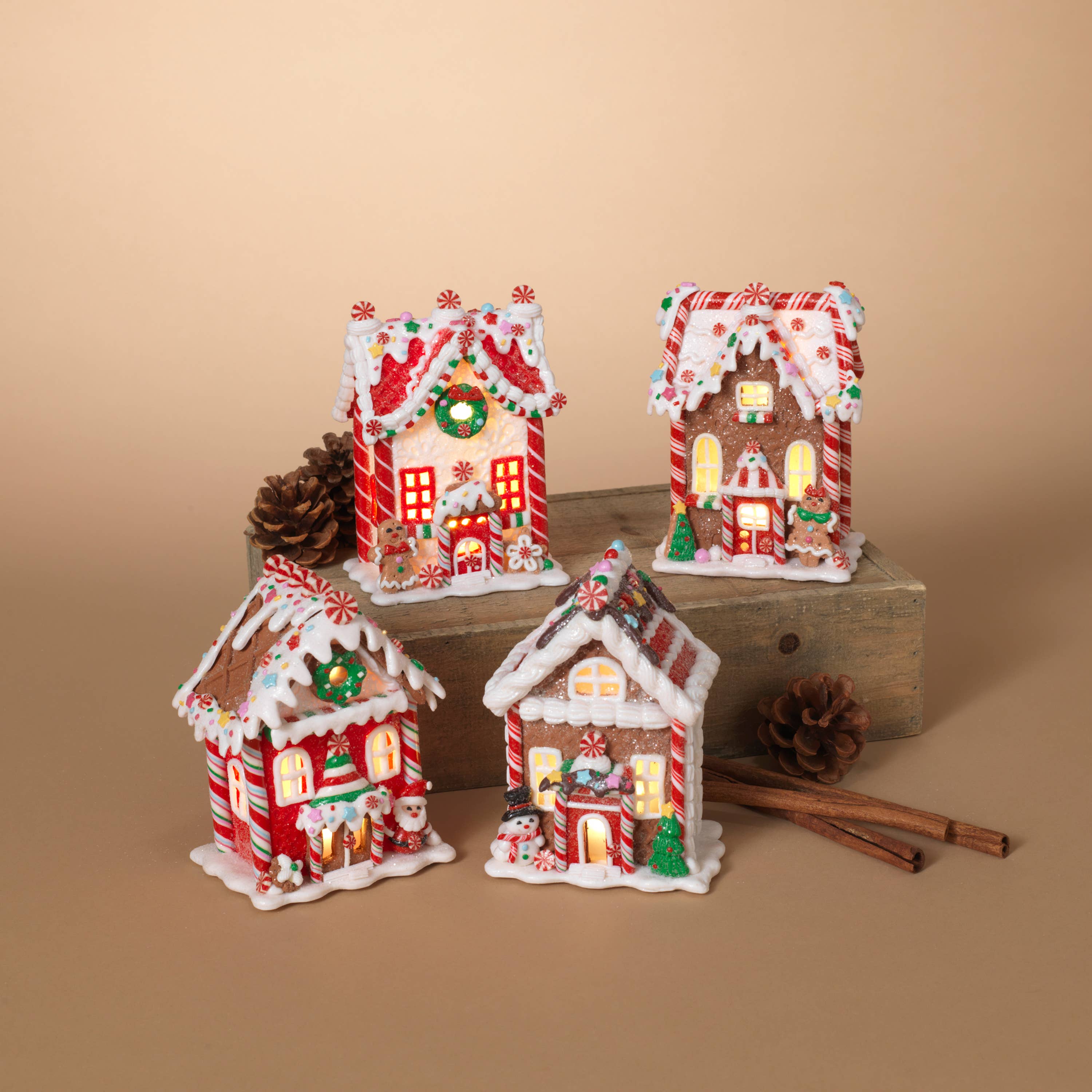 Christmas Lighted Clay Dough Gingerbread Houses Set of 4, 5.5"H