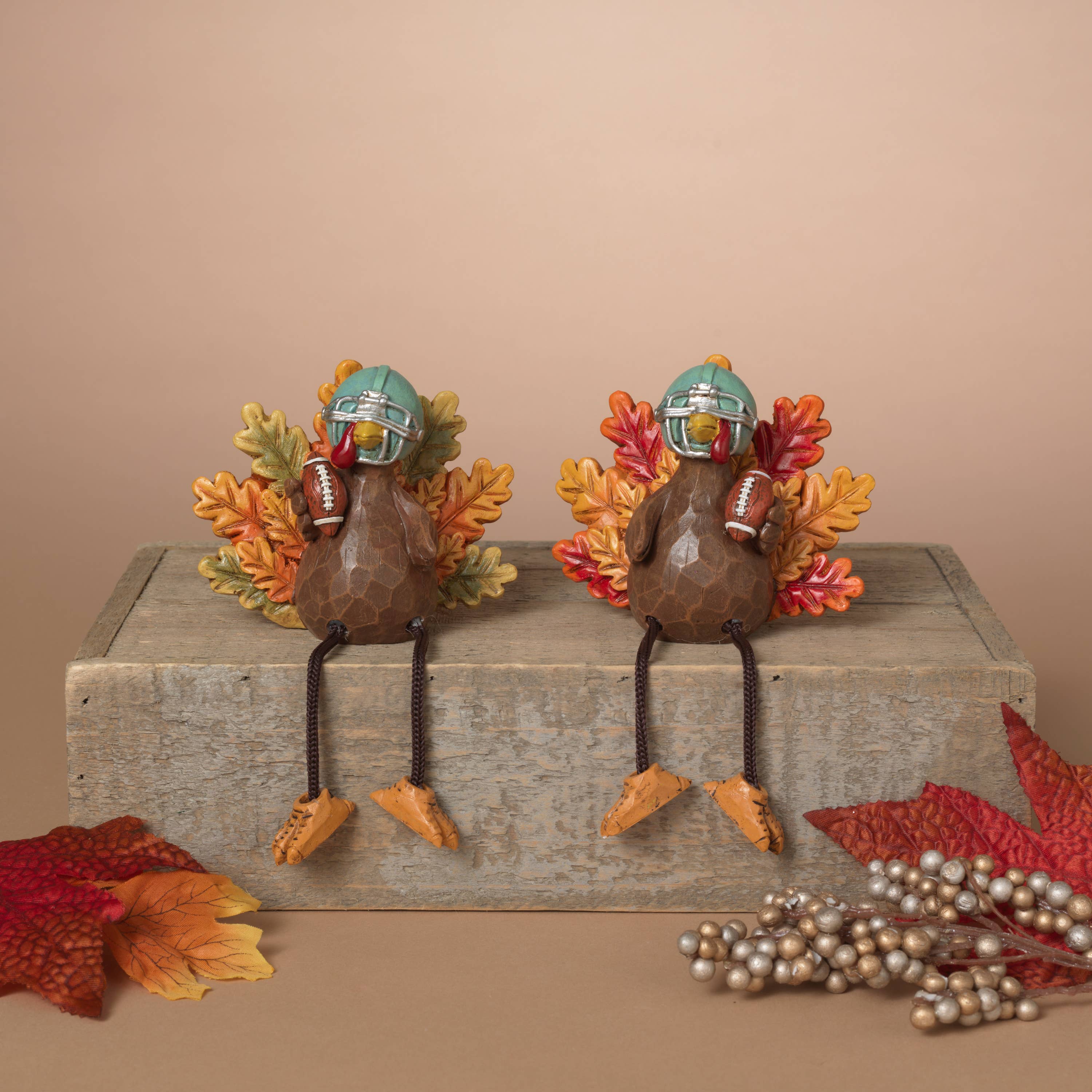 4.13"L Resin Harvest Turkey Football Player Shelf Sitter, set of 2