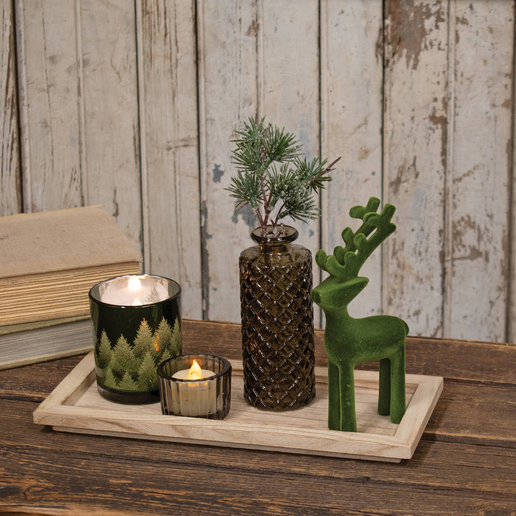 5pc Set - Wooden Tray w/Glass Votives Vase and Velvet Reindeer