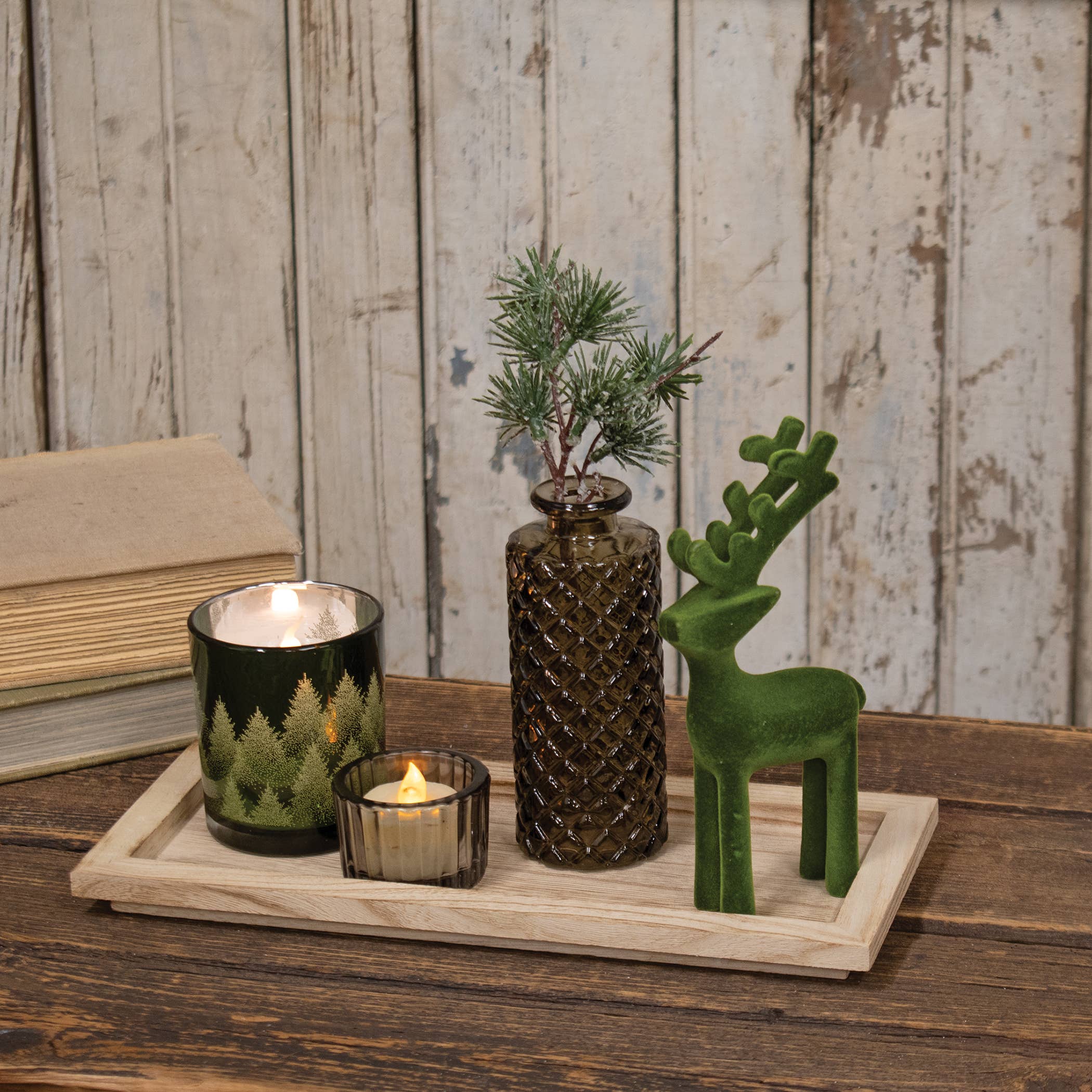 5pc Set - Wooden Tray w/Glass Votives Vase and Velvet Reindeer