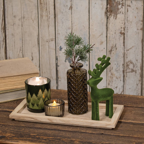5pc Set - Wooden Tray w/Glass Votives Vase and Velvet Reindeer