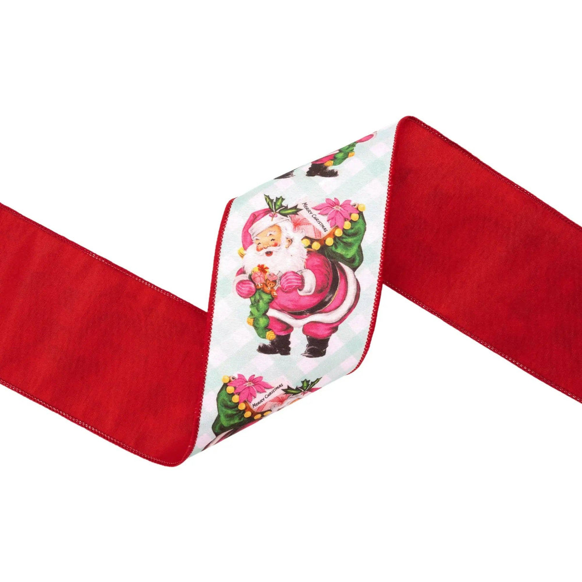 4" Wired Dupioni Ribbon | Retro Pink Santa w/ Sack on Green Check w/ Red Backing | 10 Yard Roll