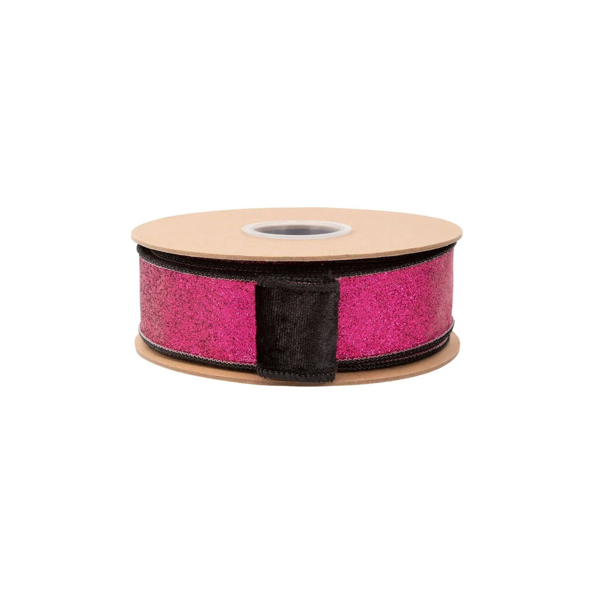 1 1/2" Wired Velvet Ribbon | Black w/ Hot Pink Glitter Backing | 10 Yard Roll