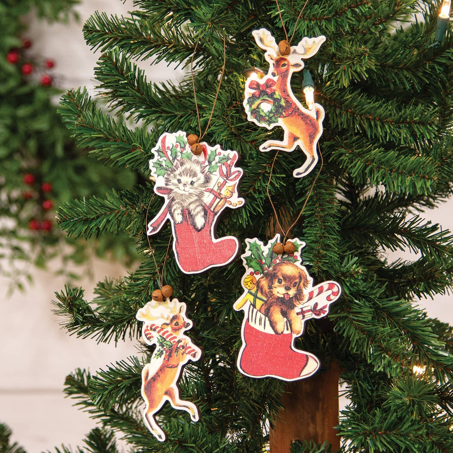 Set of 4 - Retro Look Wooden Puppy, Kitten, & Reindeer Ornament