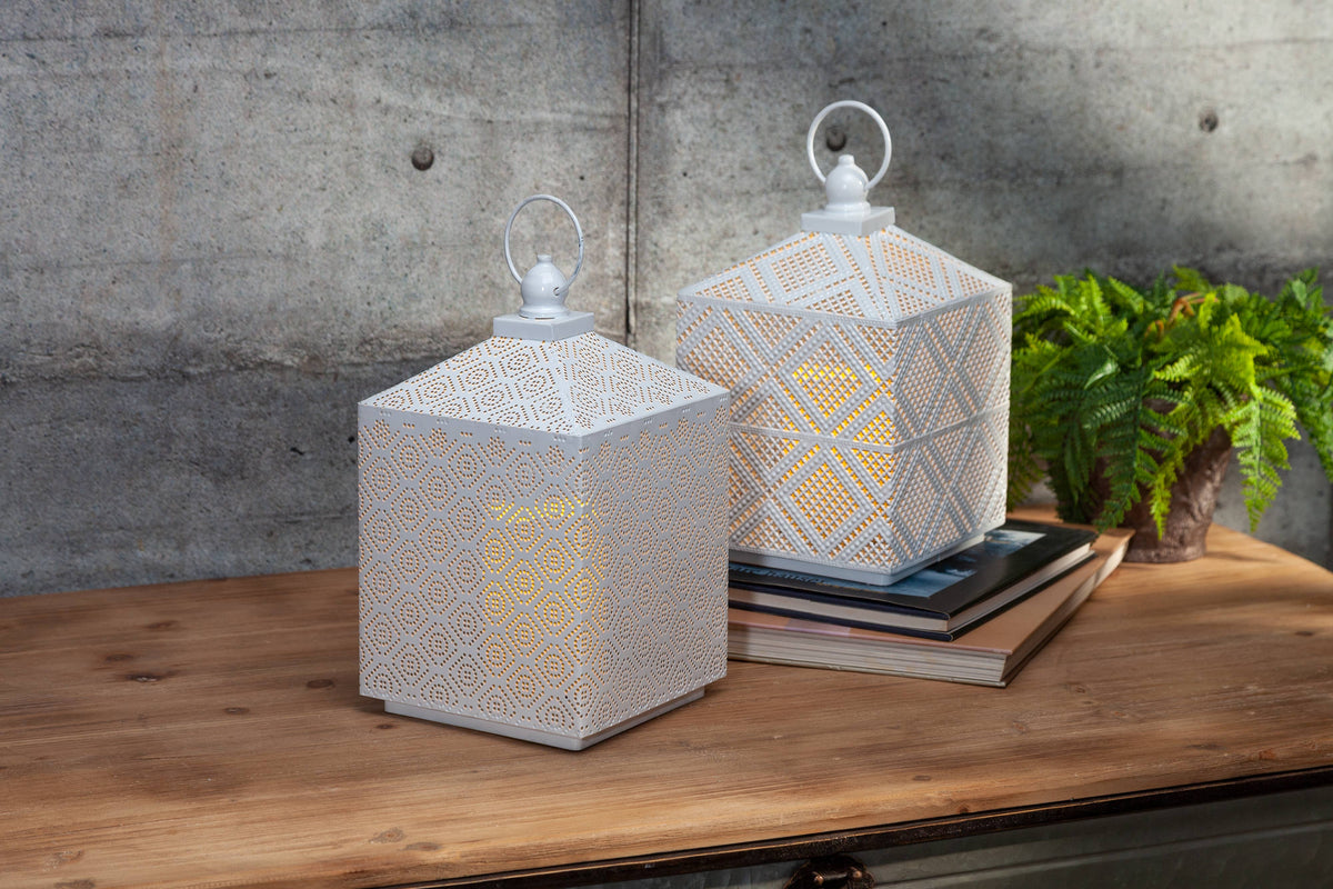White Metal Lantern with Flameless LED Candle, 11"H
