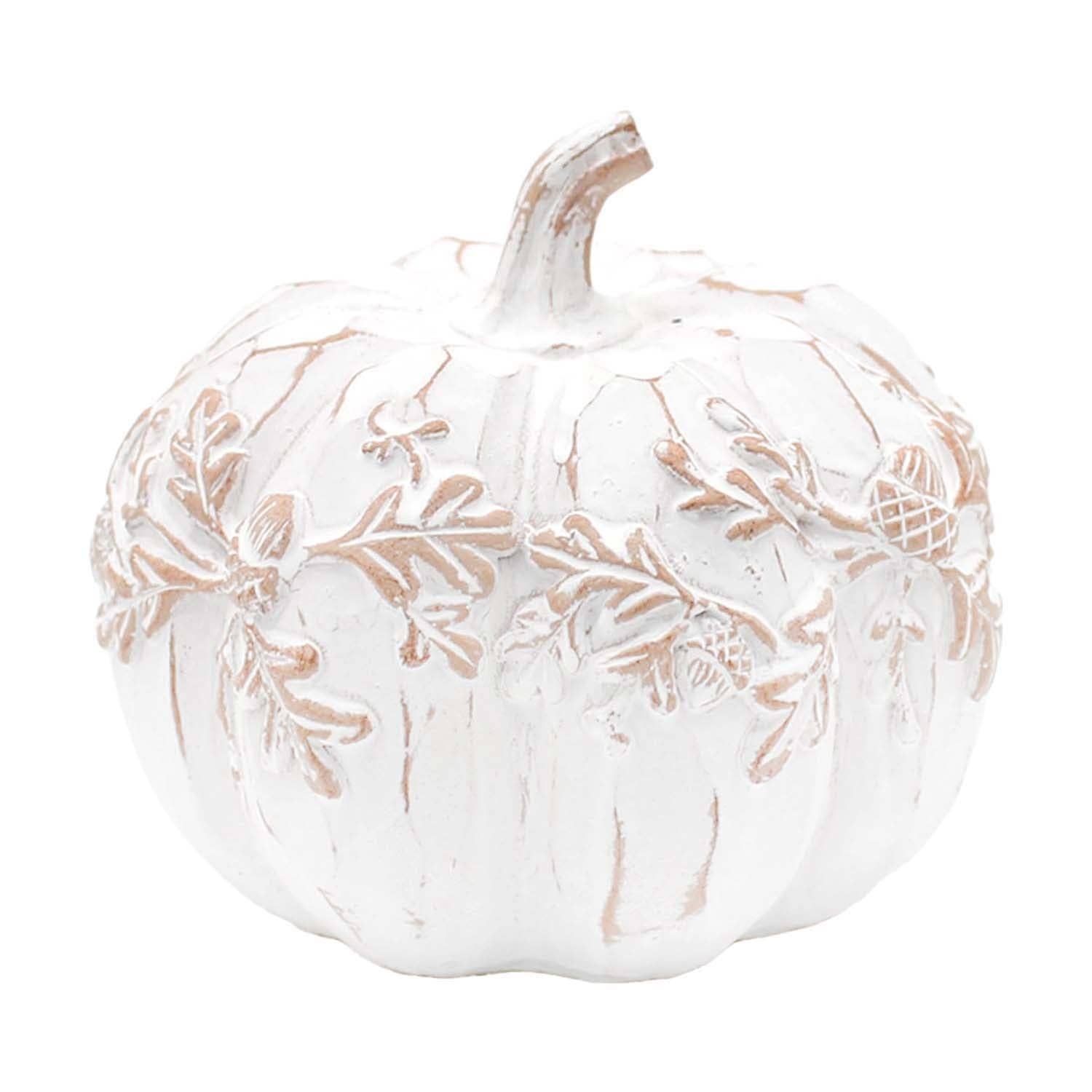 Wide Leaf Engraved White Resin Pumpkin