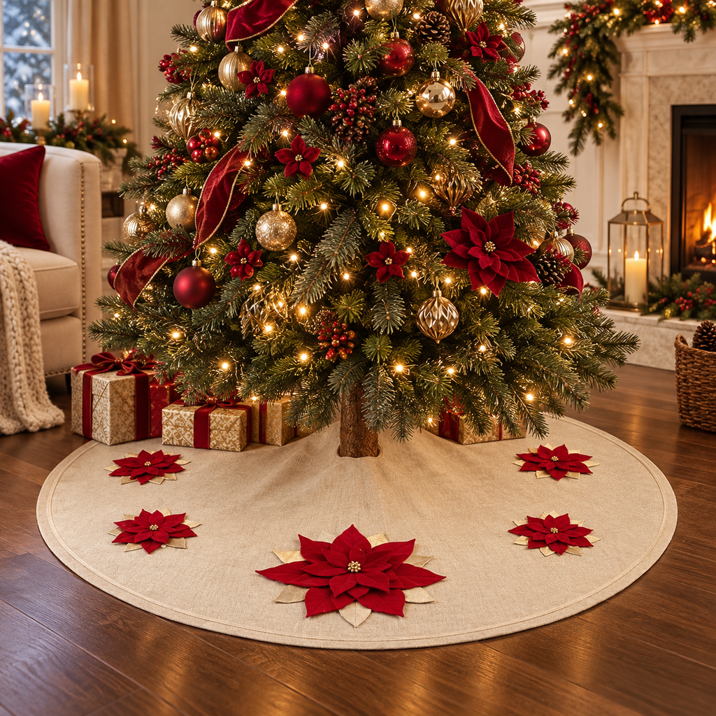 Gold-Red 3D Poinsettia Natural 53" Christmas Tree Skirt