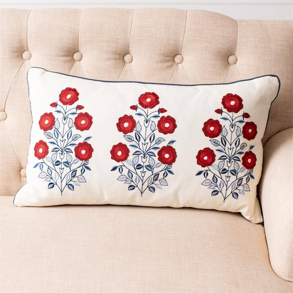 Red White And Blue Embroidered Floral Lumbar Pillow