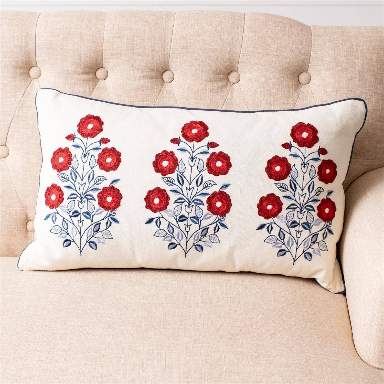 Red White And Blue Embroidered Floral Lumbar Pillow