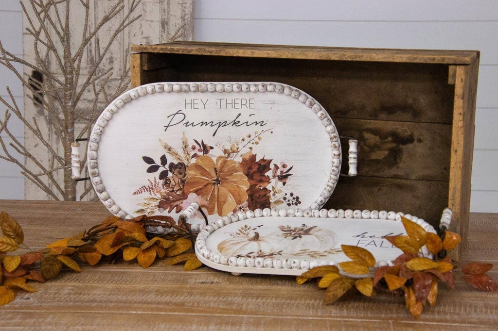 Hello Fall Floral Pumpkins Beaded Wood Trays-(Set Of 2)