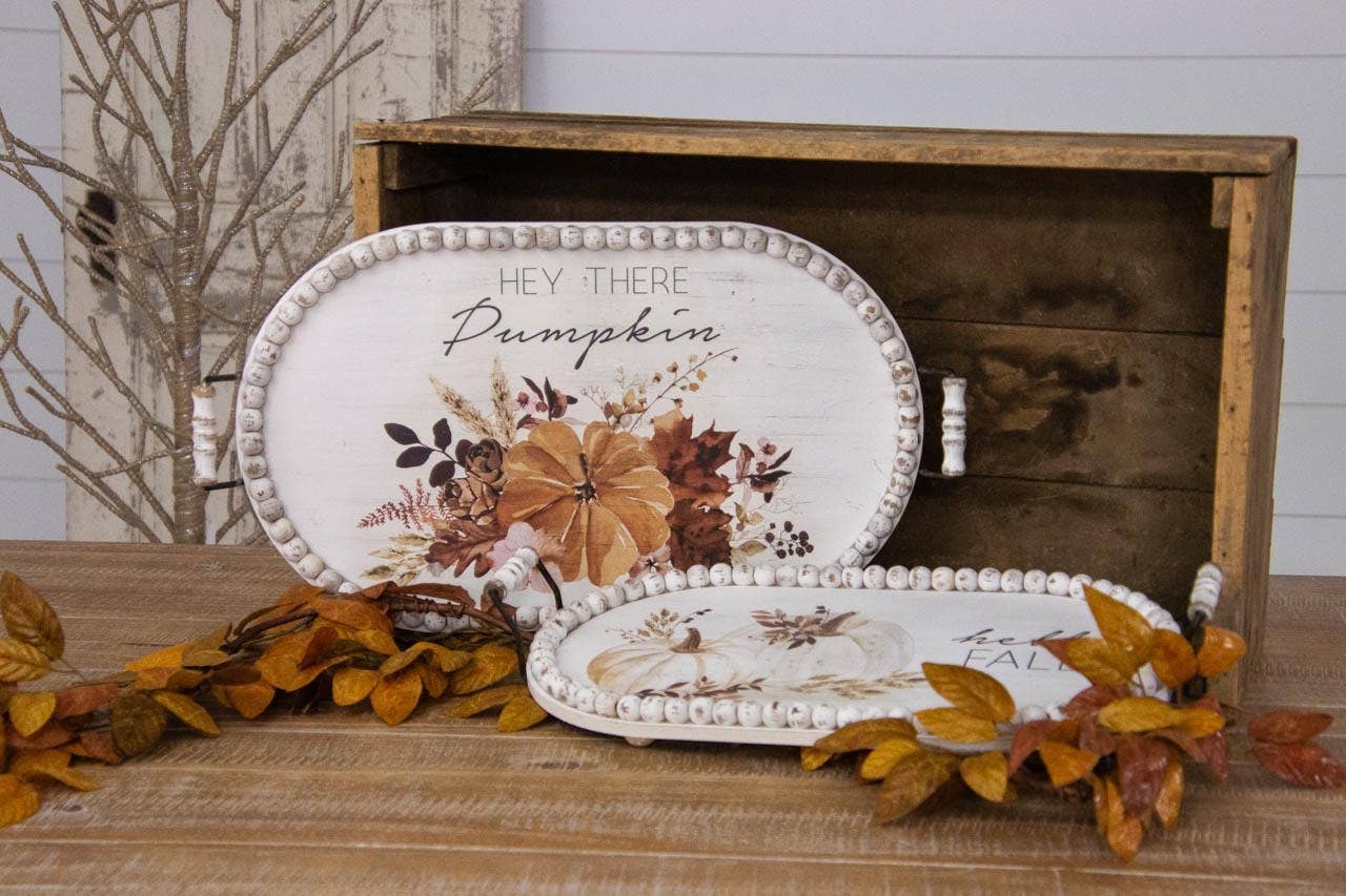 Hello Fall Floral Pumpkins Beaded Wood Trays-(Set Of 2)