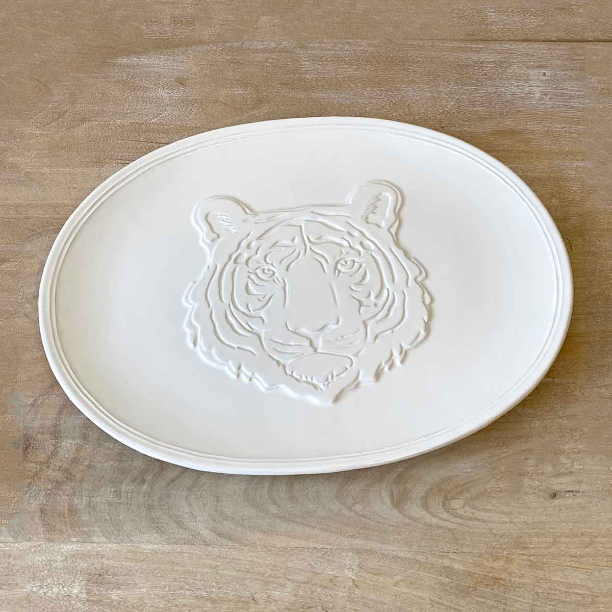 Go Get 'em Tiger Embossed Platter White 16x12in