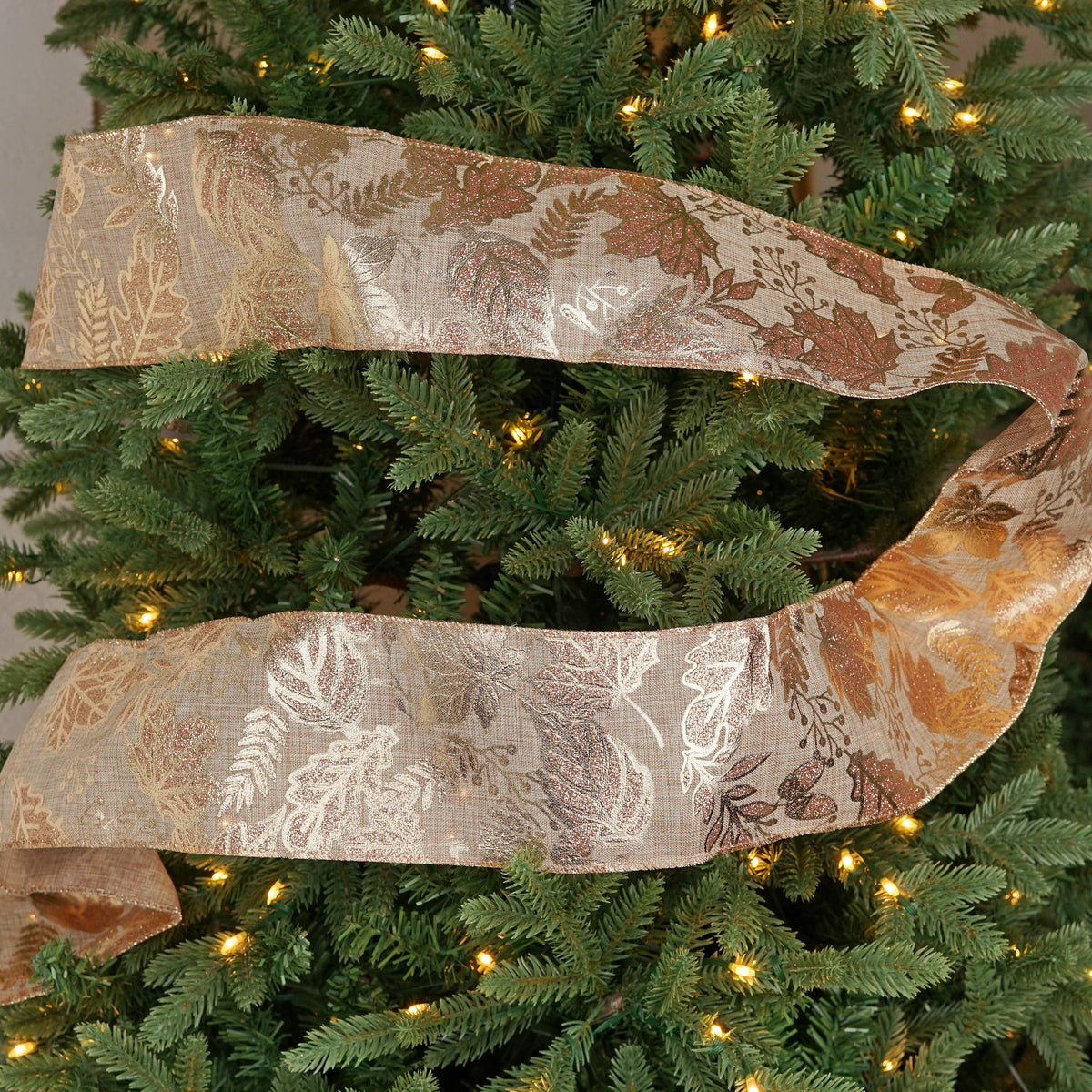 Wired Ribbon-Burlap-Metallic golden leaves (4inW)