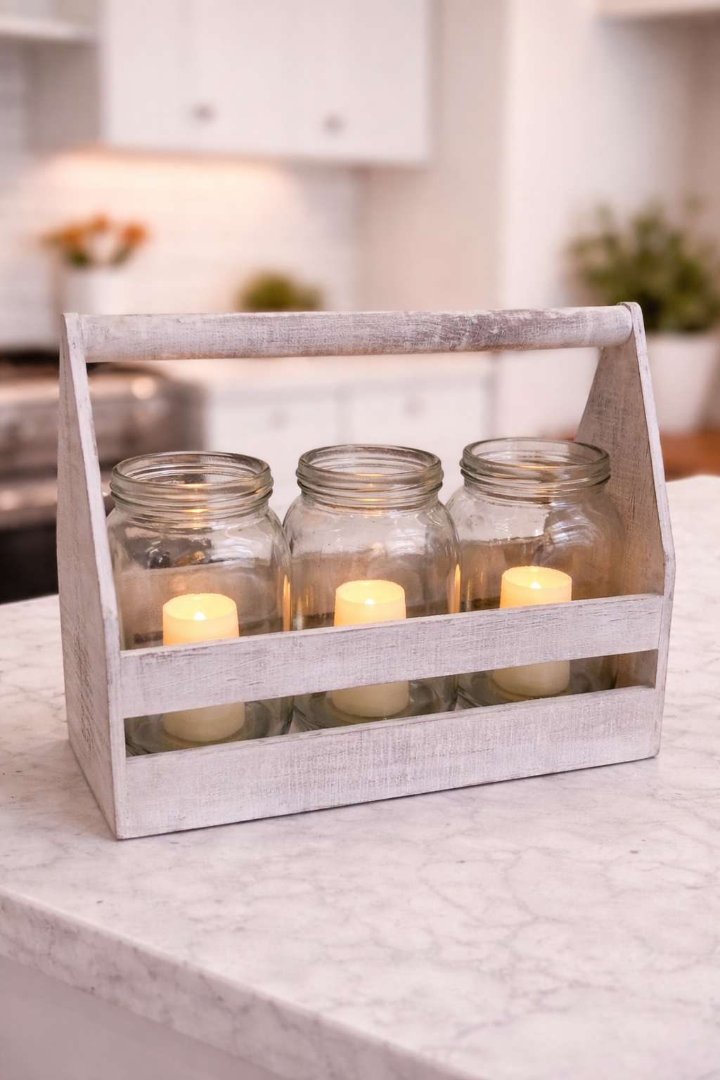 Whitewash Mason Jar Candle Caddy W/ Removable Fall Piece