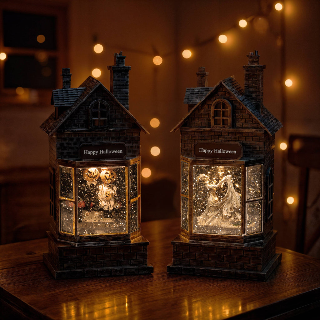 10.5 Inch Lighted Haunted Houses Spinning Halloween Water Globes, set of 2