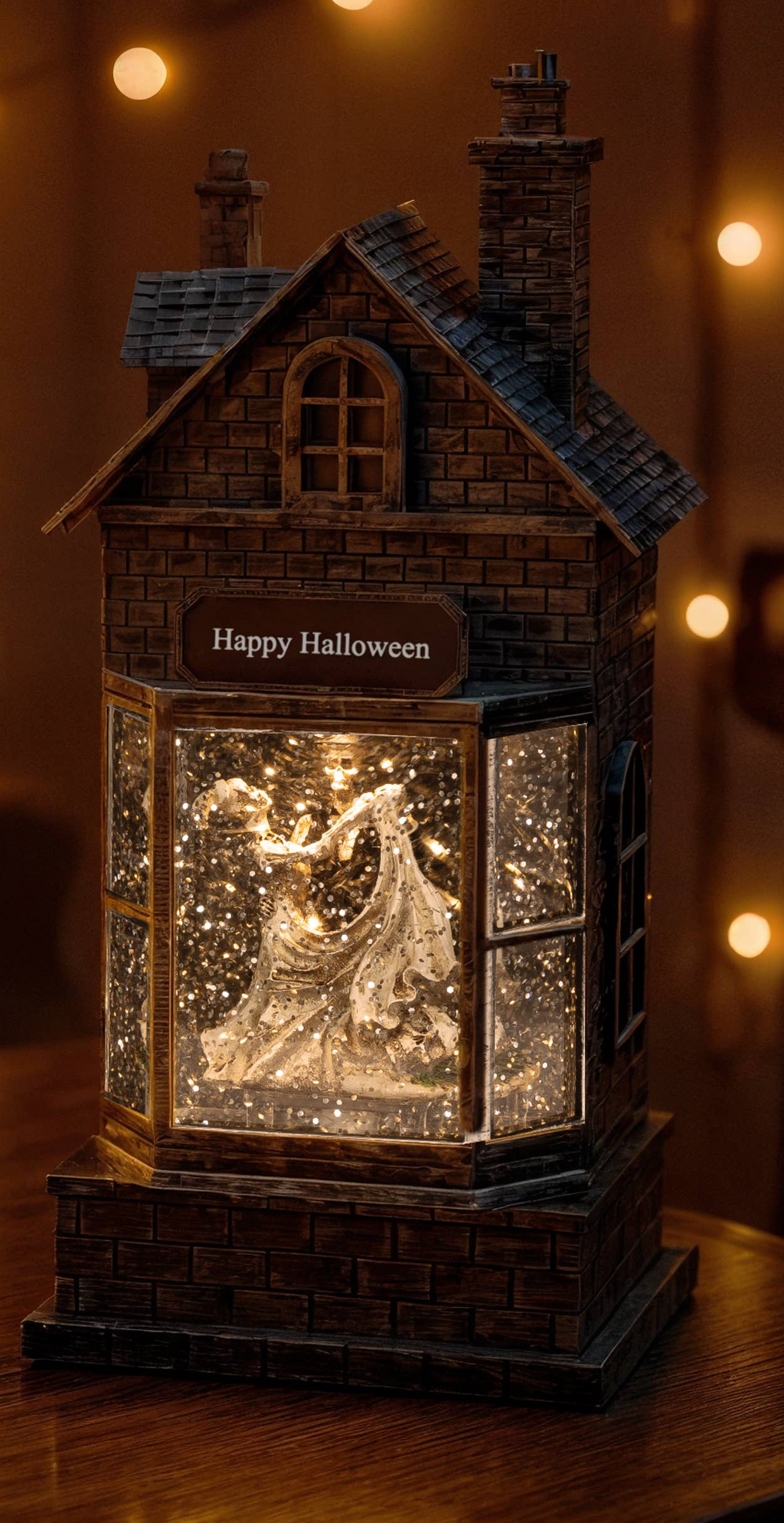 10.5 Inch Lighted Haunted House Spinning Halloween Water Globe, Skeleton Couple
