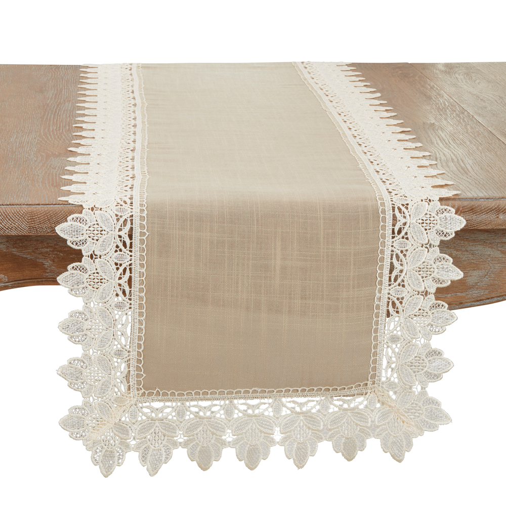Ivory Lace Trimmed Taupe Table Runner