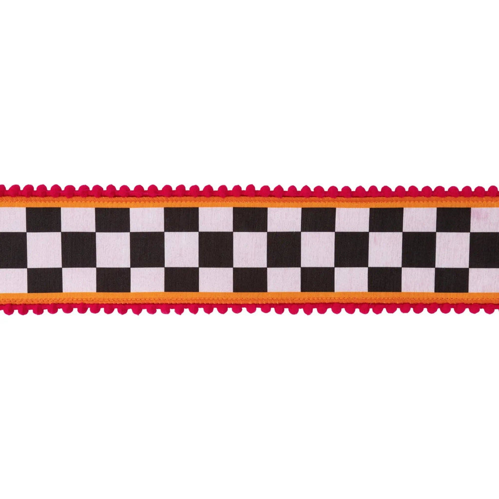 2 1/2" Wired Dupioni Ribbon | Large Black/White Check with Orange and Pink Pom Pom Edging w/ Pink Backing | 10 Yard Roll