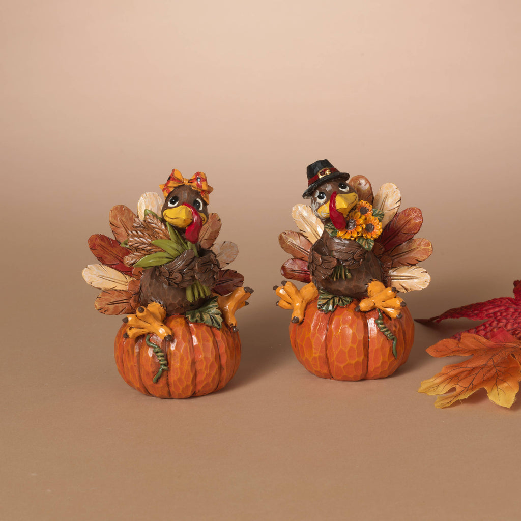 Thanksgiving Resin Harvest Turkey Sitting on a Pumpkin, 5.12"H, 2 Assorted