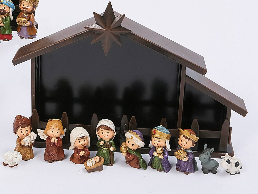 Christmas 11 Pc Resin Nativity Set w/ Metal Creche