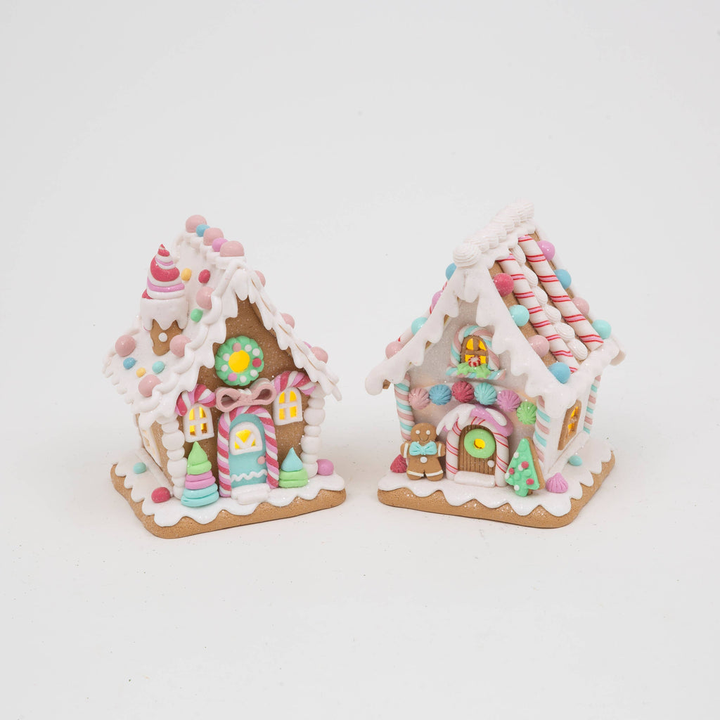 Christmas 7"H Lighted Clay Dough Candy House, 2 Asst