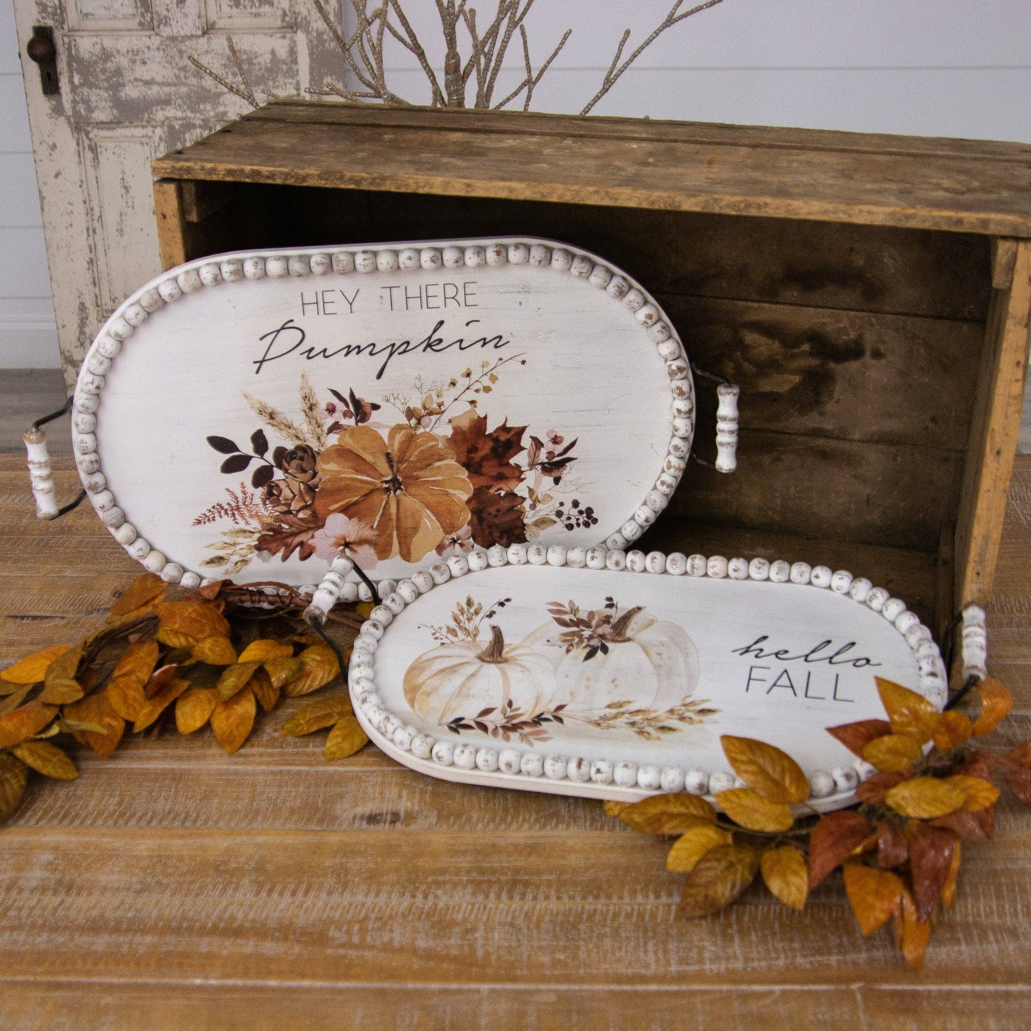 Hello Fall Floral Pumpkins Beaded Wood Trays-(Set Of 2)