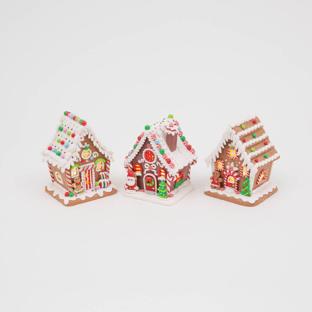 Christmas 6.5"H Lighted Clay Dough Gingerbread House, 3 Asst