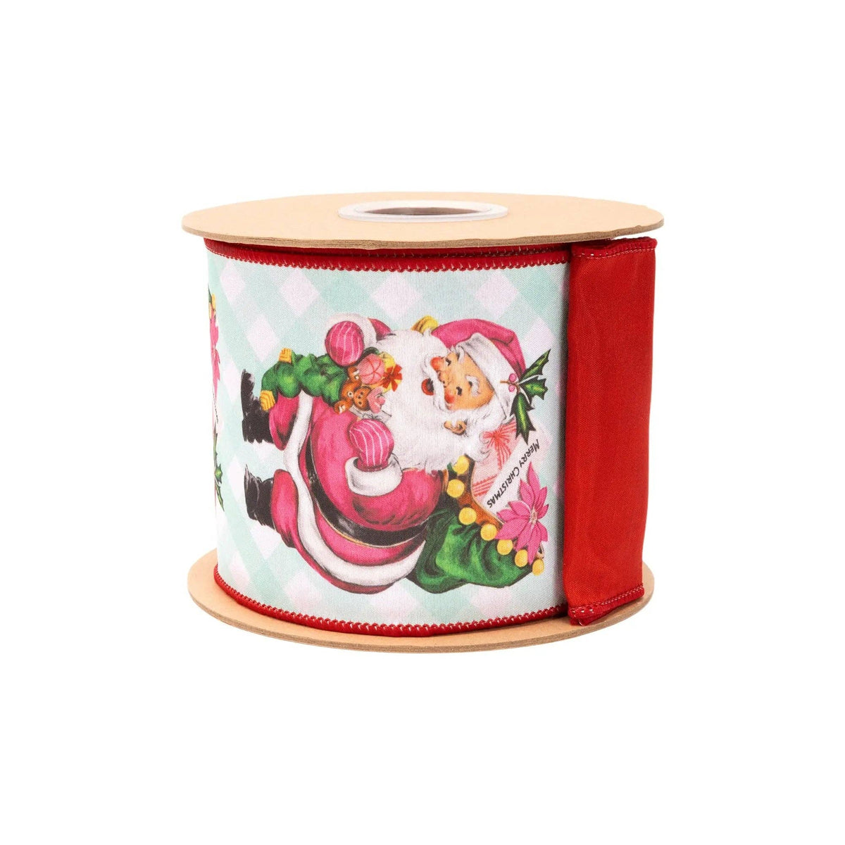 4" Wired Dupioni Ribbon | Retro Pink Santa w/ Sack on Green Check w/ Red Backing | 10 Yard Roll