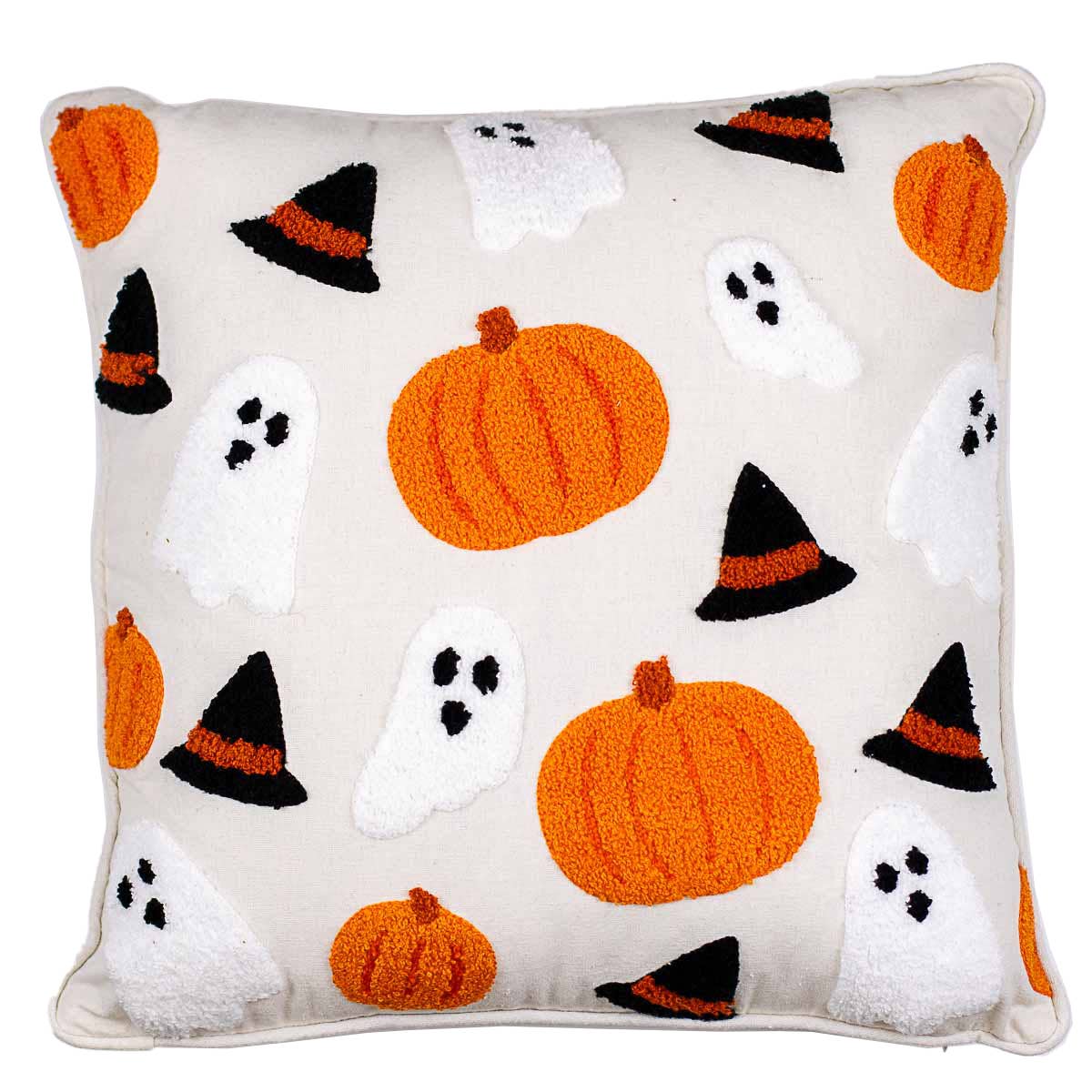 Halloween Fun Embroidered Pillow Soft White/Orange/Black 16x16in