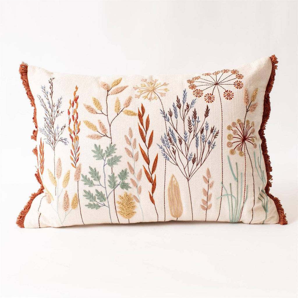 Embroidered Meadow Flowers Lumbar Pillow