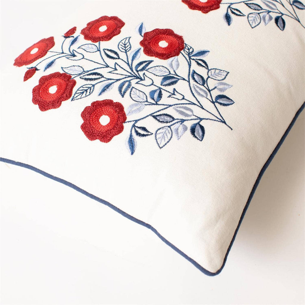 Red White And Blue Embroidered Floral Lumbar Pillow
