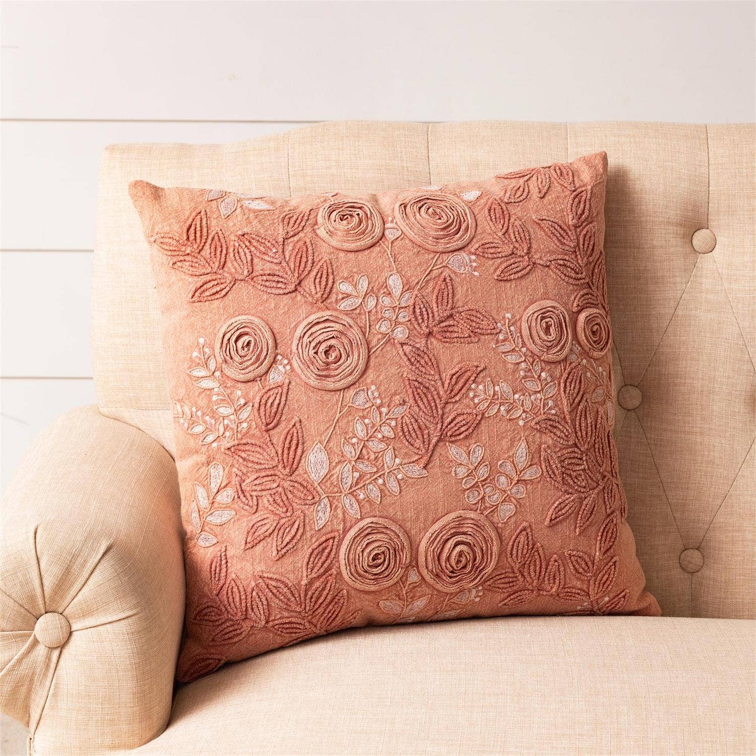 Rose Embroidered Stone Wash Throw Pillow