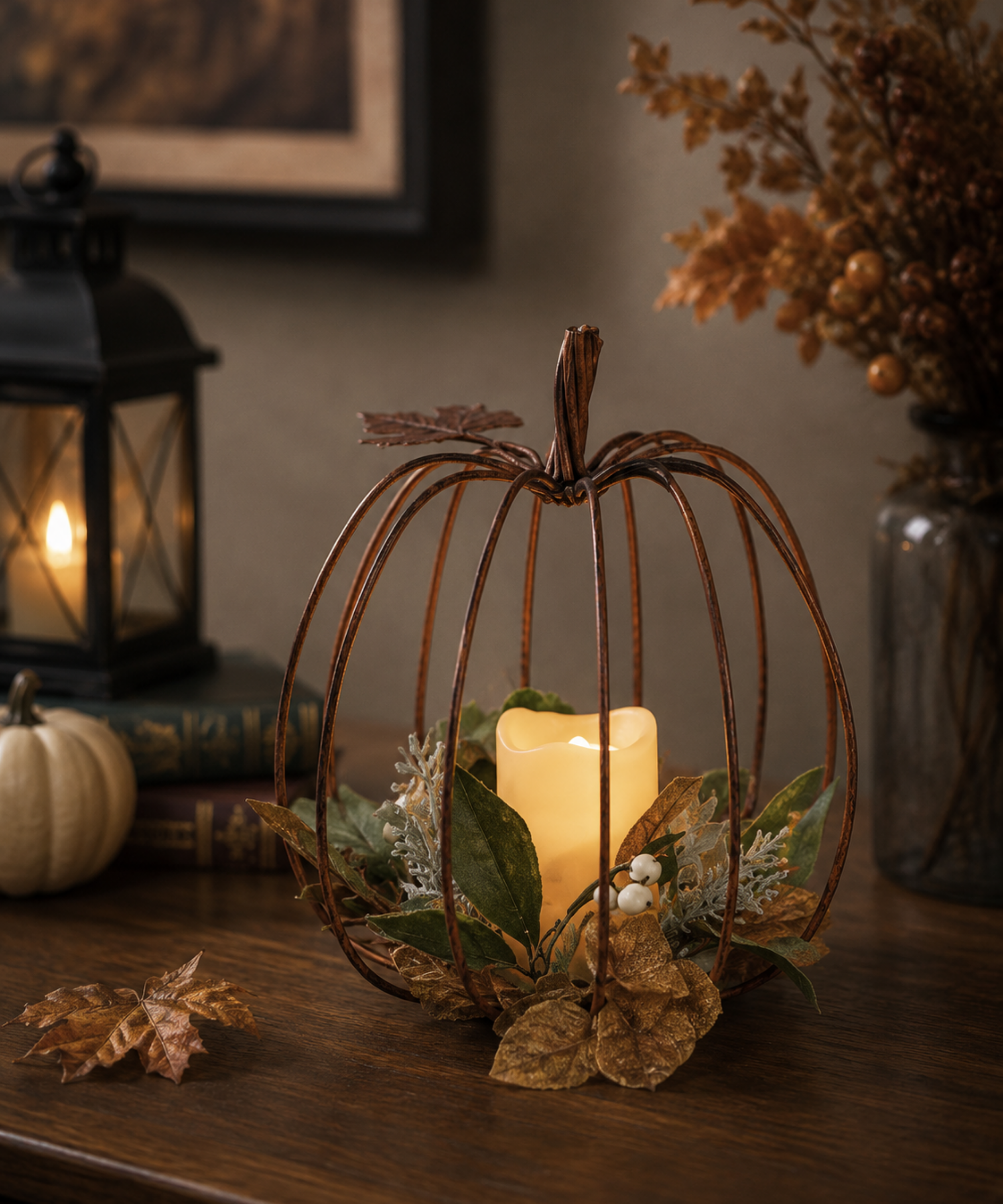 Gold Metal Pumpkin LED Lighted Lantern