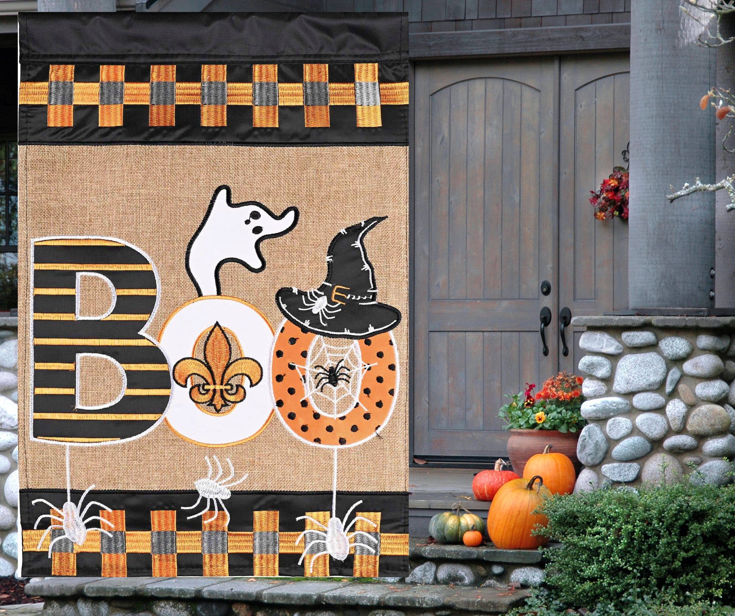 Burlap Boo Ghost Fleur De Lis Garden Flag