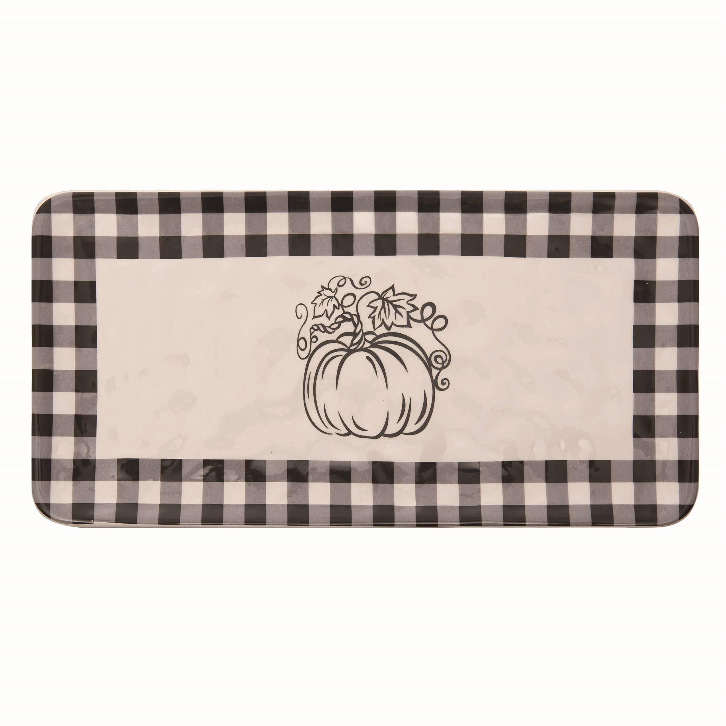 Ceramic White Buffalo Check Pumpkin Tray