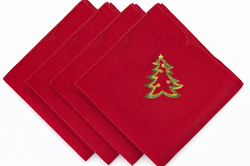 Red Embroidered Tree 67"X160" Tablecloth with 16 Napkins