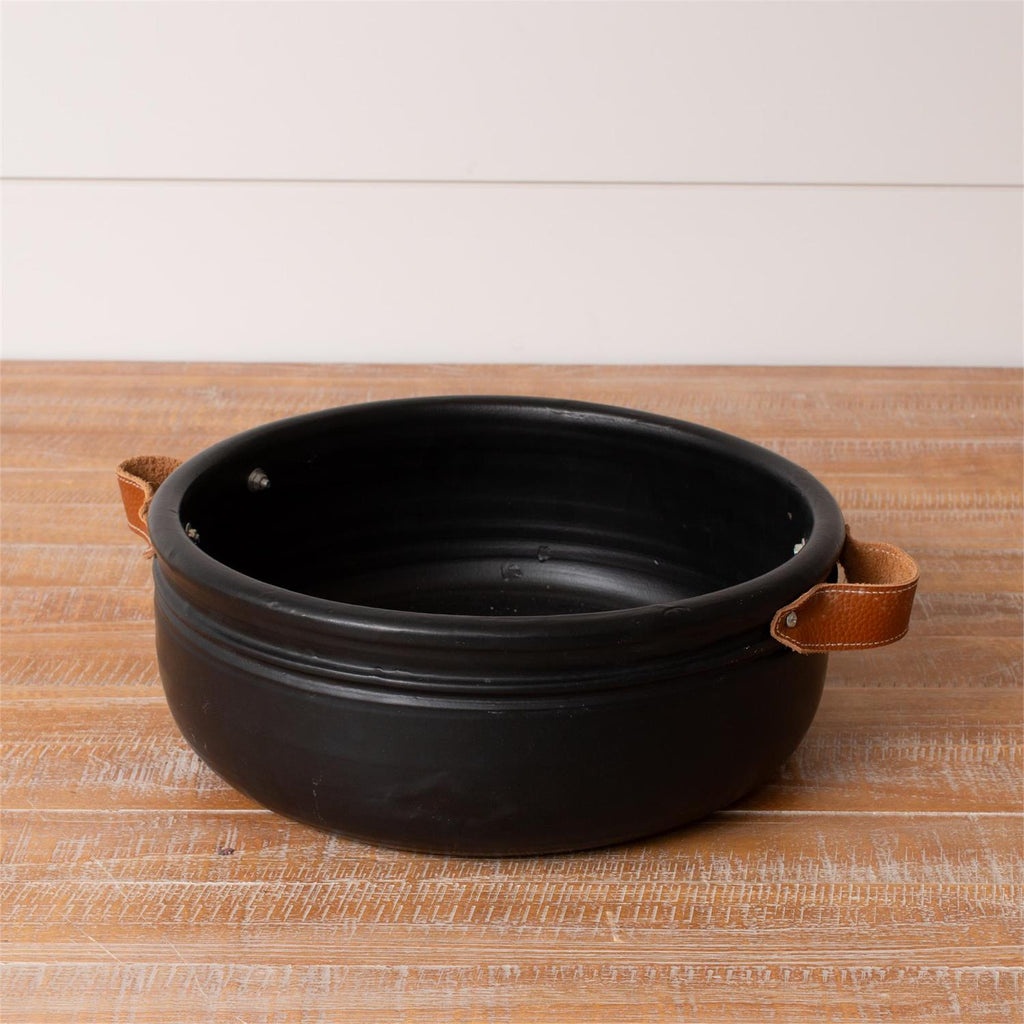 Pottery - Black Bowl With Leather Handles, Lg
